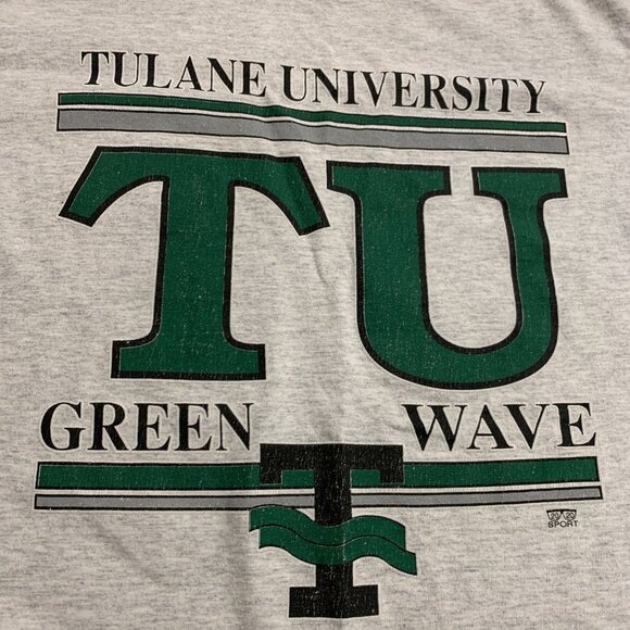 Vintage 90s Tulane University Green Wave T-Shirt Men's Large L Gray Big Graphic - Picture 2 of 8